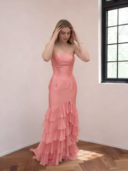Classy Pink Strapless Satin Chiffon Layered Slit Long Party Dress 19th Birthday Outfits SP2049