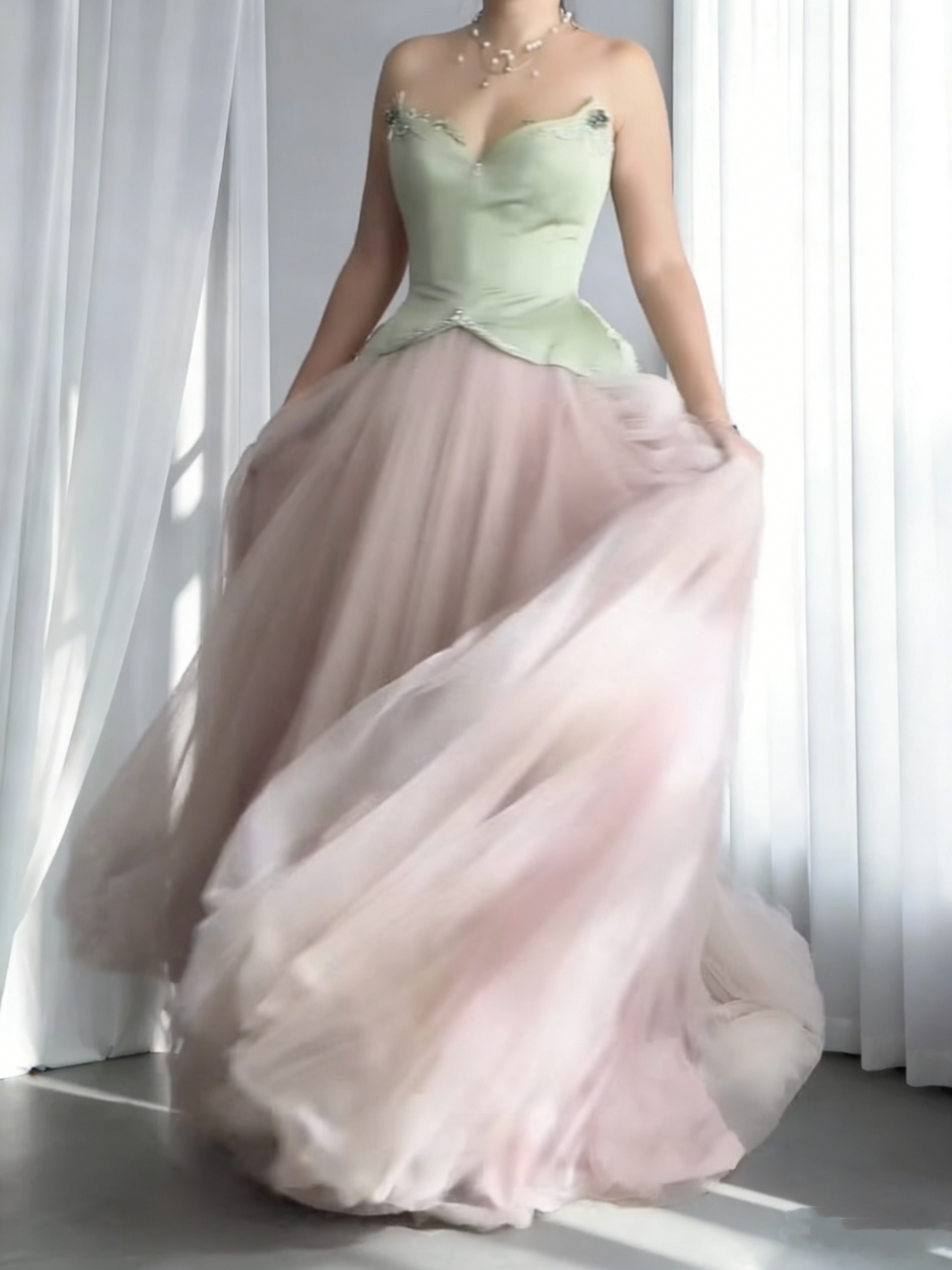 Pretty Strapless Tulle Beaded A Line Long Evening Dress Birthday Prom Dresses SP2051