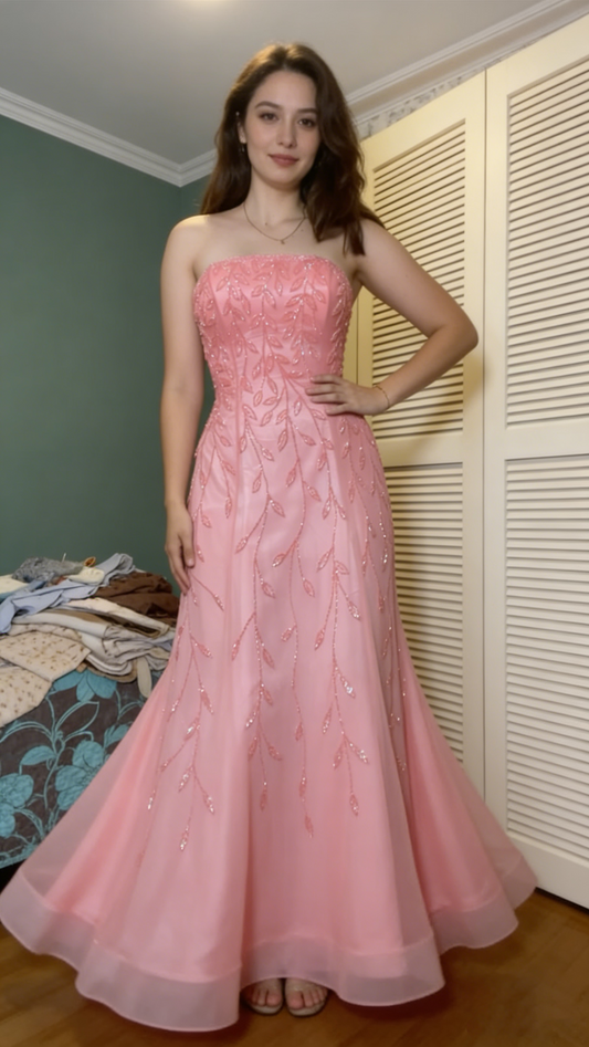 Pretty Strapless Pink Tulle Beaded Mermaid Long Party Dress 20th Birthday Dress SP2052