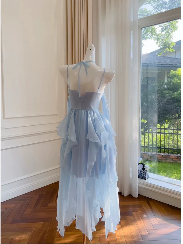 Simple Blue Spaghetti Straps Chiffon Homecoming Dress Party Dress Y8581