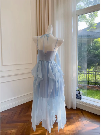 Simple Blue Spaghetti Straps Chiffon Homecoming Dress Party Dress Y8581