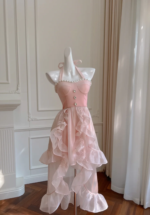 Simple Halter Pink Tulle Pearls Beaded High-Low Ruffles Homecoming Dress Party Dress Y8582