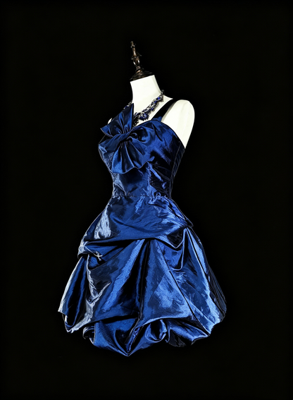 Stylish Spaghetti Straps Blue Satin Pleated A Line Short 8th Grade Homecoming Dress Cocktail Dress SP3391