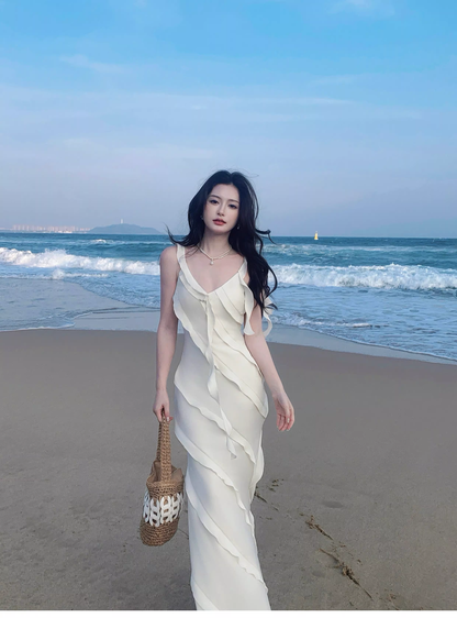 Classy V Neck White Satin Ruffles Mermaid Long Party Dress Formal Wedding Guest Dress SP1974