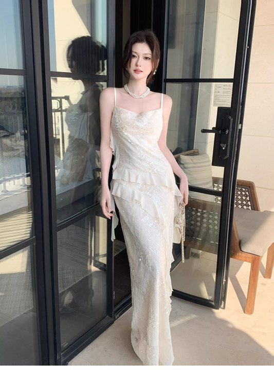 Shiny Spaghetti Straps Light Apricot Sequin Ruffles Mermaid Long Wedding Guest Dress Formal Birthday Prom Dress Party Gown SP1496