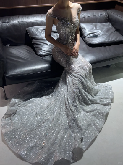Sparkly Silver Tulle Sequin Mermaid Long Wedding Dress SP4154