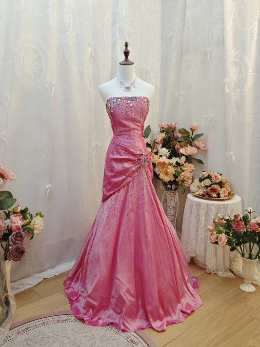 Gorgeous Strapless Pink Satin Pleated Mermaid Long Evening Dress 17th Birthday Dress With Beads SP2257