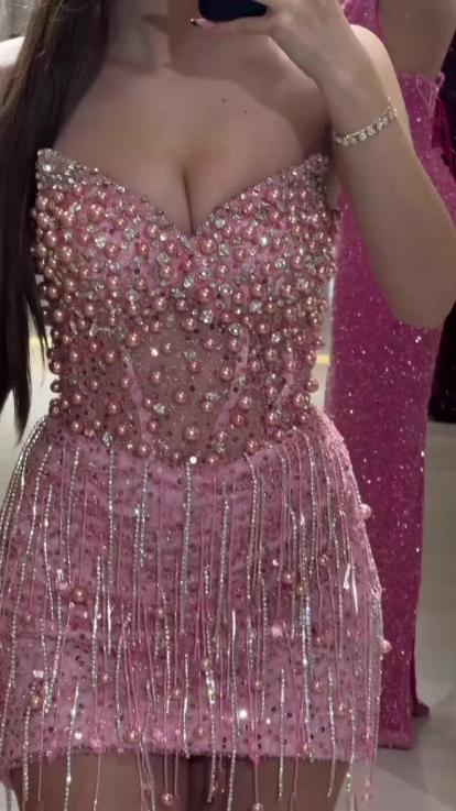 Gorgeous Strapless Sequin Beaded Sheath Cocktail Dress Pink Formal Short Homecoming Dress Birthday Dress Y9784