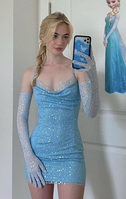 Pretty Sky Blue Sequin Short Princess Birthday Dress Homecoming Dress  SP127