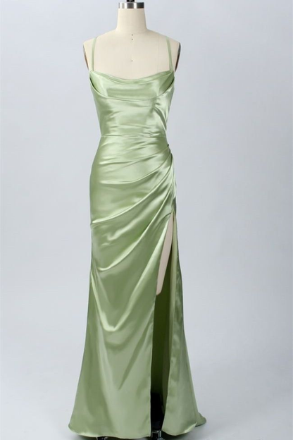 Green Scoop Neck Lace-Up Back Long Prom Dress with Slit Y6853