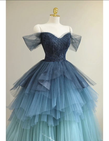 Stunning Ball Gown Gradite Tulle Puffy Sweetheart Short Sleeves Blue Ruffles Pleated Long Prom Dresses Sweet 16 Dresses Y6786