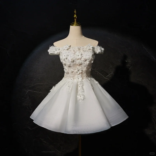 Elegant Off The Shoulder Organza Appliques White A Line Short Graduation Homecoming Dress Birthday Outfits Y9529