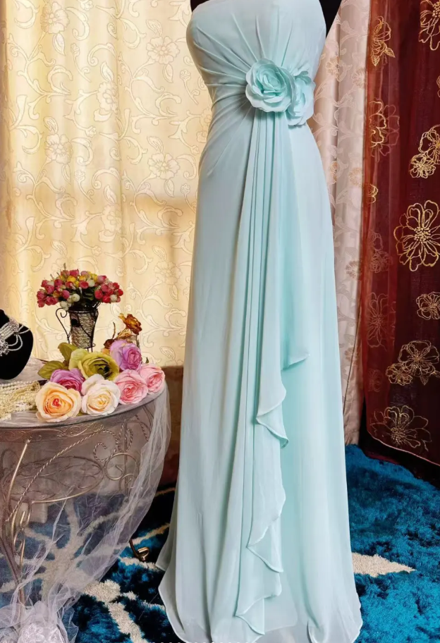 Classy Blue Strapless Chiffon Long Party Dress Birthday Dress With Floral SP1952