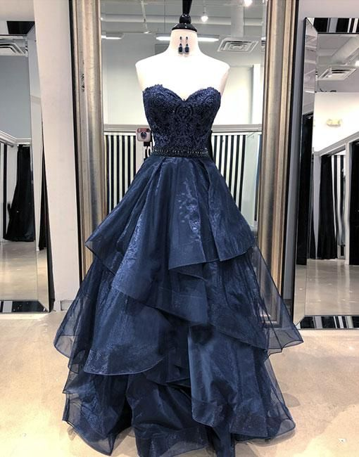Dark blue lace tulle long ball for teens Prom Dresses Y5852