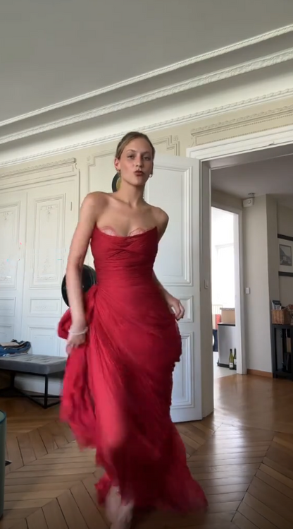 Sexy Red Strapless Lace Tulle Pleated Long Party Dress,Formal Wedding Guest Dress SP3106