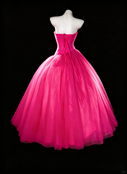 Glamorous Strapless Sweetheart Hot Pink Tulle Ball Gown Crystal Rhinestone Embellished Quinceanera Dress SP2737