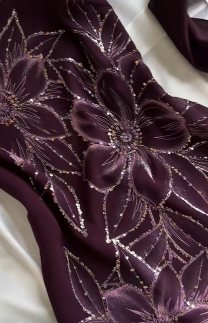 Retro Spaghetti Straps Purple Chiffon Sequin Floral Long Party Dress Prom Gown With Scarf SP2243