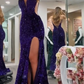 Purple Sequin Straps Mermaid Long Prom Dress Y5642