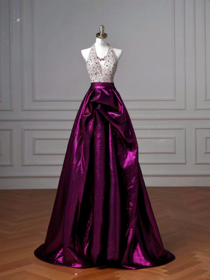 Classy Halter Purple Beaded Satin A Line Prom Dress Long Evening Dress Y8609