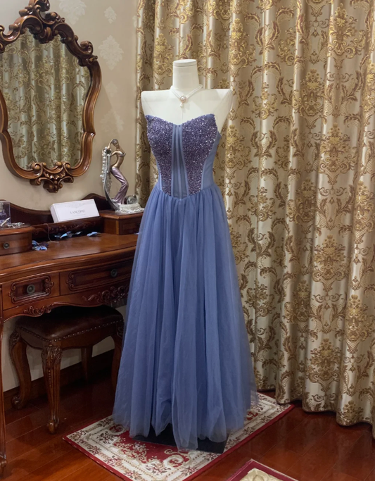 Classy Blue Strapless Tulle Sequin Beaded A Line Long Birthday Party Dress Evening Dress SP1610