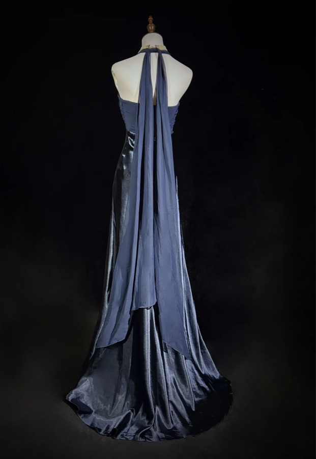 Classy Halter Navy Blue Satin Mermaid Long Wedding Guest Dress Party Dress Prom Gown SP1280