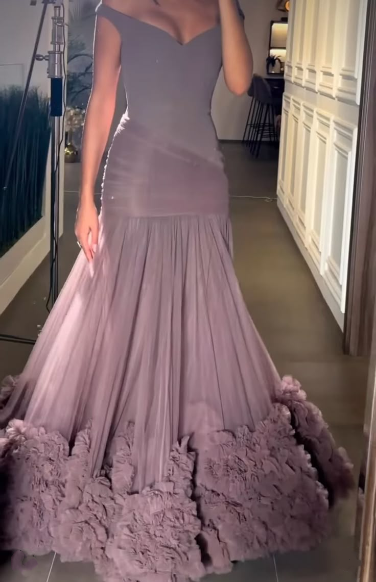 Pretty Off The Shoulder Tulle Pleated Mermaid Purple Long Party Dress Birthday Outfits SP865