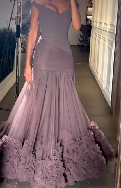 Pretty Off The Shoulder Tulle Pleated Mermaid Purple Long Party Dress Birthday Outfits SP865