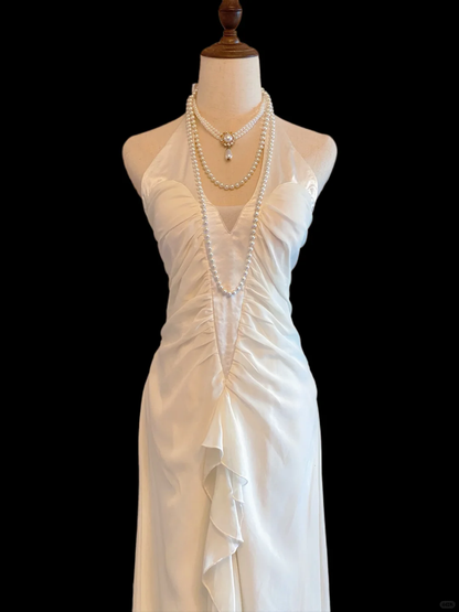 Classy Halter White Chiffon Ruffle Sheath Long Evening Dress Party Gown SP4084