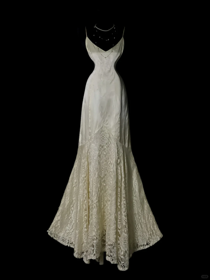 Vintage V Neck Spaghetti Strap Satin Lace Mermaid Party Dress Ivory Long Birthday Prom Dress SP4046
