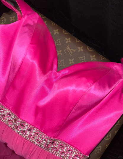 Pretty V Neck Hot Pink Chiffon Satin Beaded Mermaid Party Dress Long Wedding Guest Dress SP758