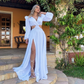 Women's V-neck Puff Long-sleeve Slit Long Evening Dress Y5999