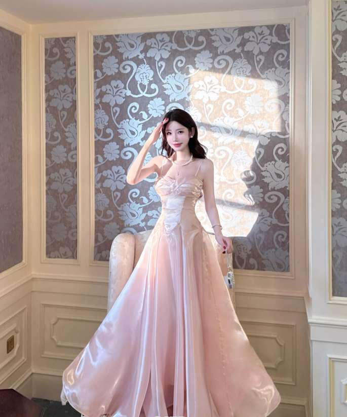 Sweet Spaghetti Straps Pink Satin Long Party Dress Birthday Dress SP1984