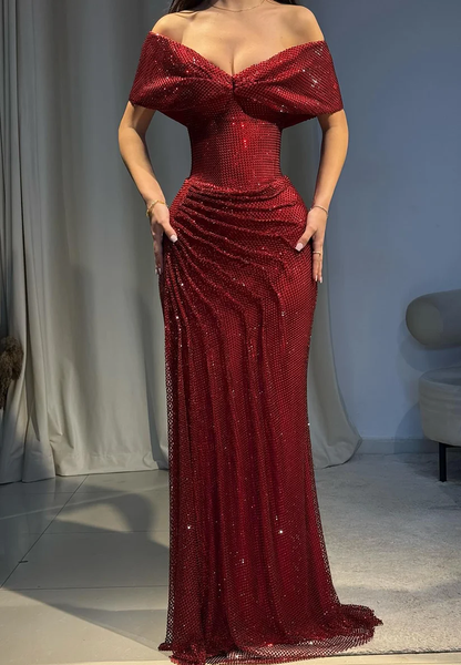 Pretty Off-Shoulder Burgundy Sequin Pleated Slit Mermaid Long Party Dress SP4208