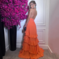 Sexy Deep V Neck Evening Dress Spaghetti Strap Sleeveless Backless Party Gown Tiered Pleated Floor Length Y4833