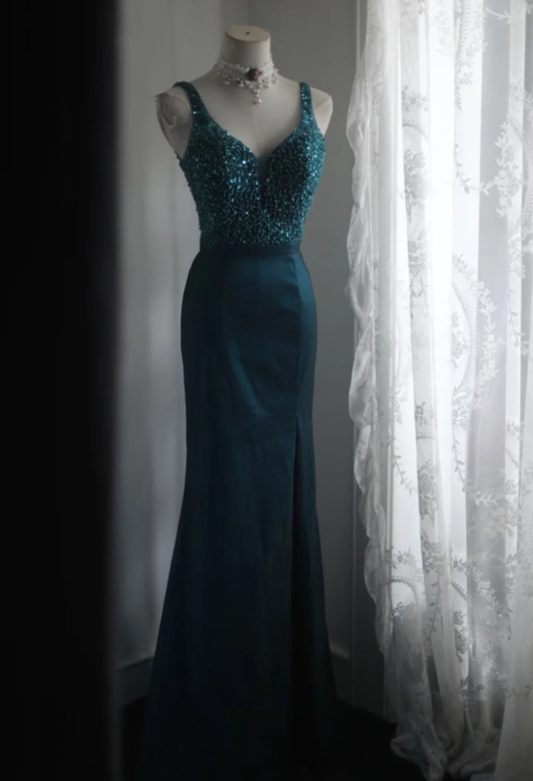 Glamorous Blue V Neck Satin Beaded Mermaid Party Dress Slit Long Wedding Guest Dress Prom Gown SP1264