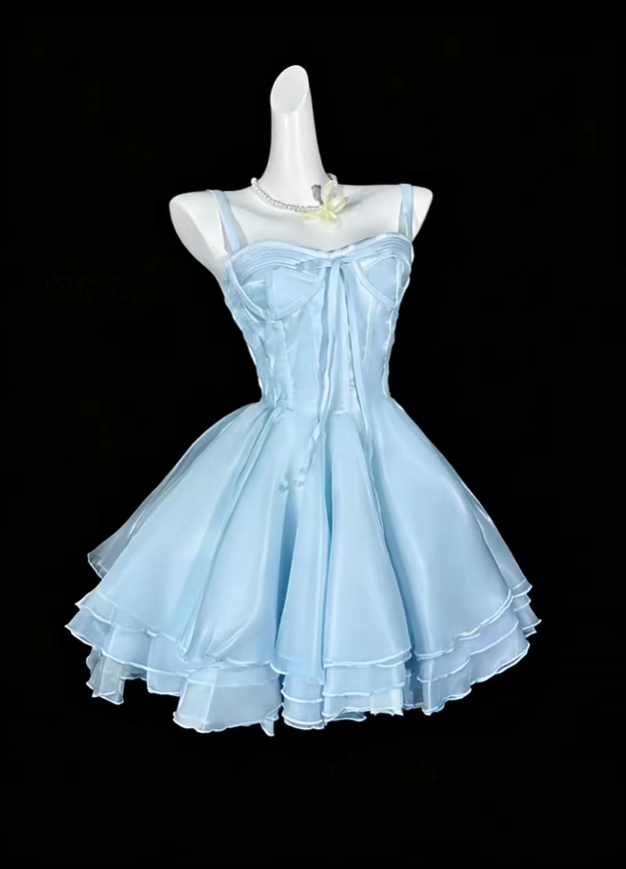 Pretty Blue Tulle A Line Short Graduation Homecoming Dress,Spaghetti Straps Short Prom Dress SP3502