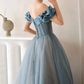 Blue Sweetheart Off Shoulder Tulle Long Prom Dress, Blue Formal Dress Y4255