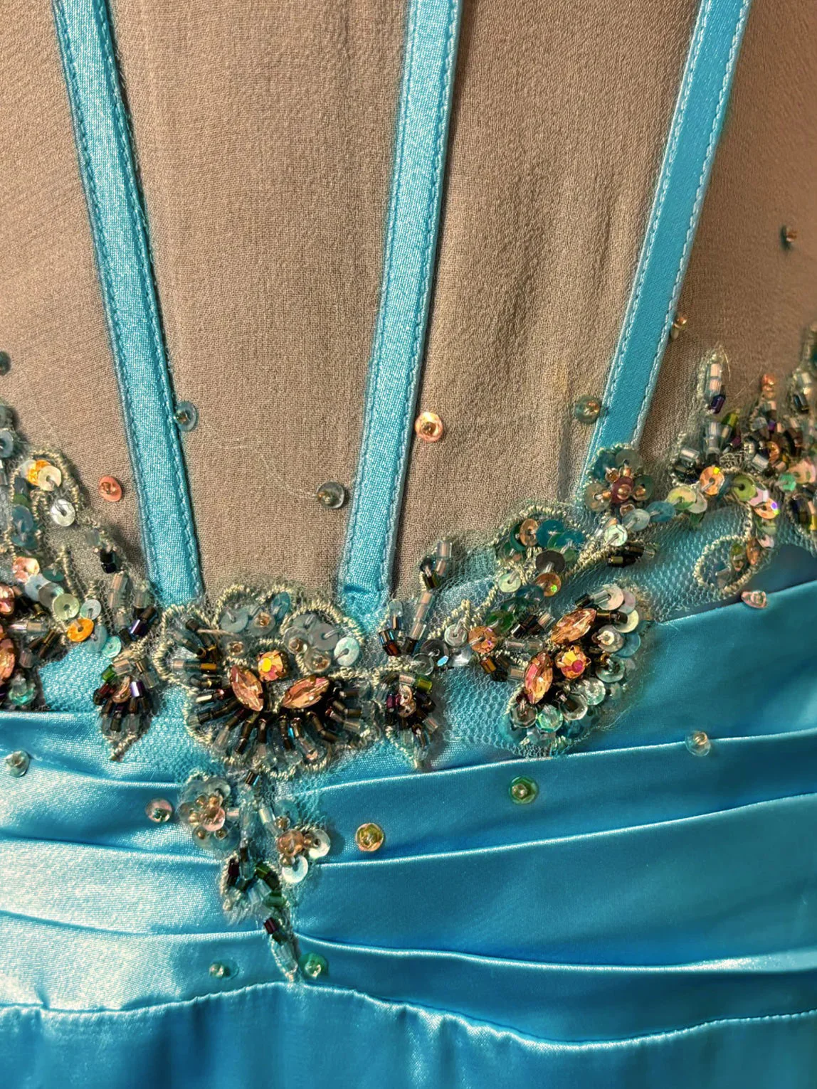 Elegant Blue Spaghetti Straps Satin Beaded Mermaid Long Evening Dress Formal Wedding Guest Dress SP1383