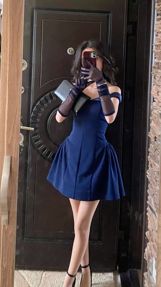 Sexy Navy Blue Off The Shoulder Short 8th Grade Homecoming Dress ,Satin A-Line Mini Cocktail Dress SP2747