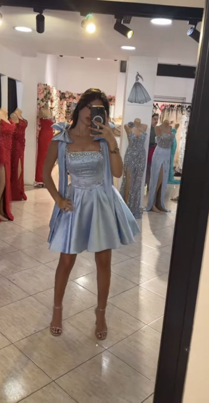Cute Blue Bow Straps Satin Beaded A Line Short 15th Birthday Outfits Formal Homecoming Dress SP2311