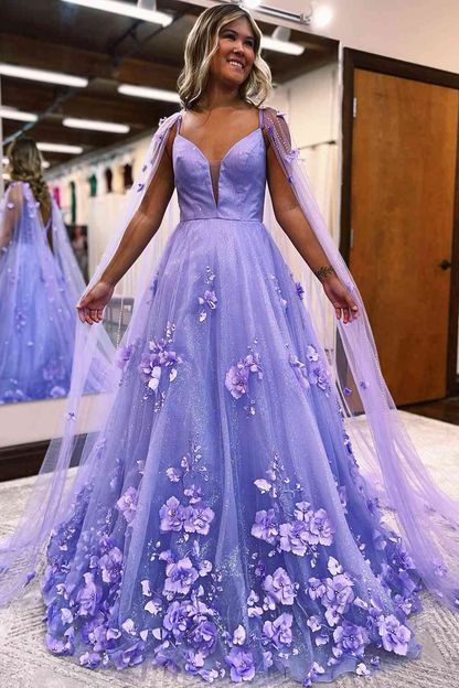 Princess Lavender 3D Flowers Tulle Prom Dress with Cape Y4292