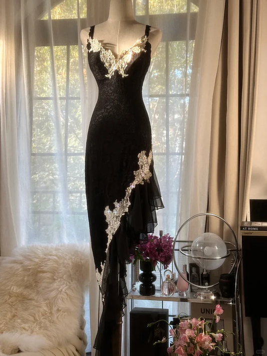 Sexy Sheath Spaghetti Strap Black Lace Appliques Party Dress Cocktail Dress Y8785