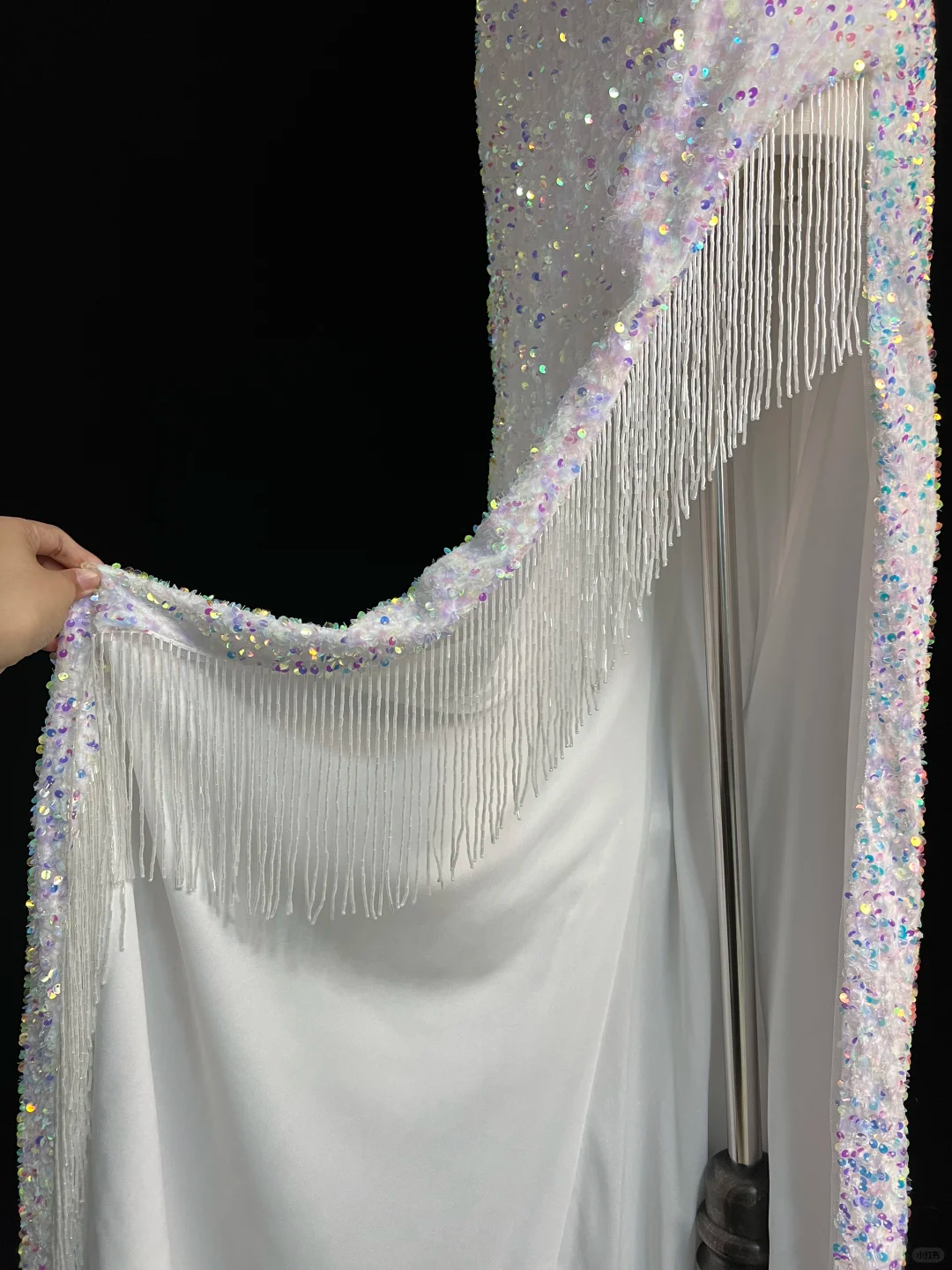 Sparkly White Spaghetti Straps Sequins Prom Dress,Mermaid Slit Tassel Evening Dress Y8648