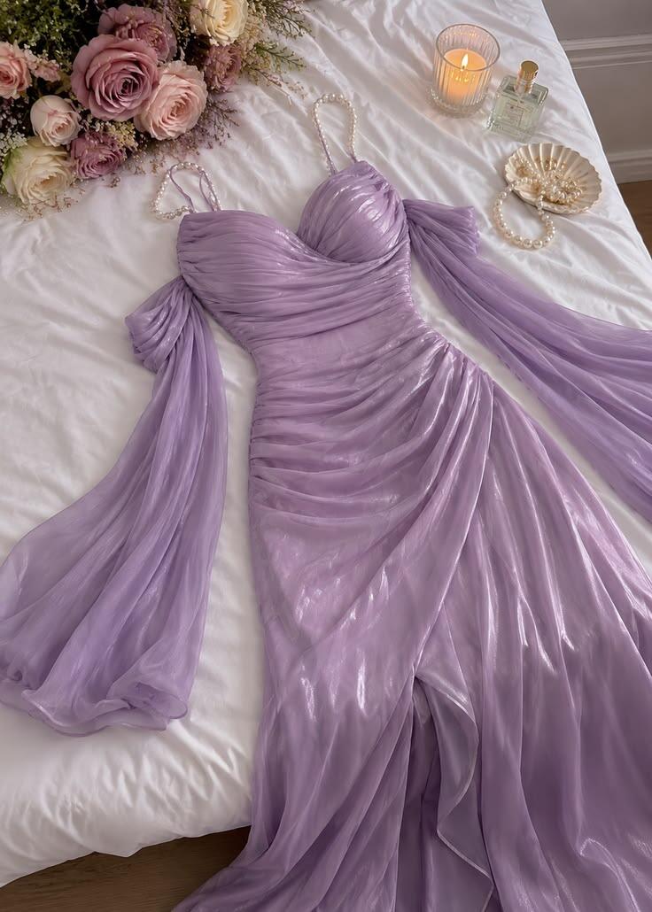 Elegant Lavender Tulle Pleated Mermaid Party Dress ,Spaghetti Straps Off The Shoulder Long Wedding Guest Dress SP2685