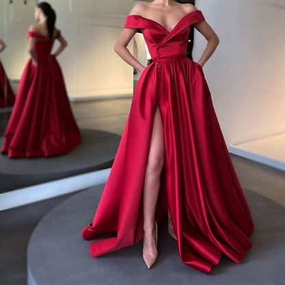 Off the Shoulder Burgundy Satin Long Prom Dresses, Off Shoulder Wine Red Long Formal Evening Dresses Y7153