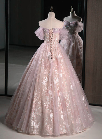 Pink Sweetheart Floral Lace and Tulle Prom Dress, Pink Sweetheart Long Party Dress Y6526