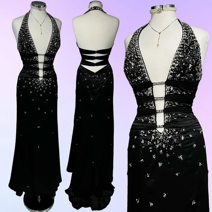 Stylish Black Satin Beaded Mermaid Long Evening Dress Birthday Party Dress Y9771
