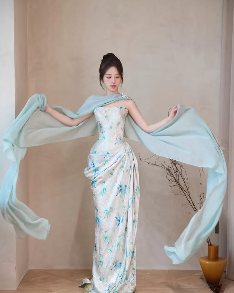 Pretty Satin Print Floral Prom Dress,Blue Mermaid Evening Dress Y8543