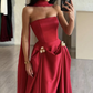 Charming A-Line Satin Burgundy Long Prom Dress, Strapless Evening Dress Y8046