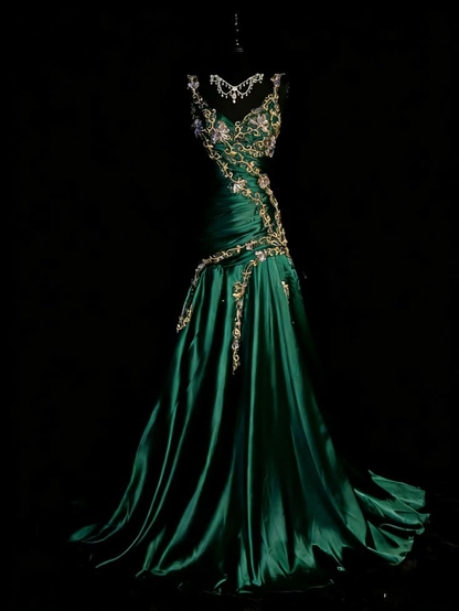 Vintage Burgundy Satin Pleated Appliques Mermaid Evening Dress Long Prom Dress SP2440